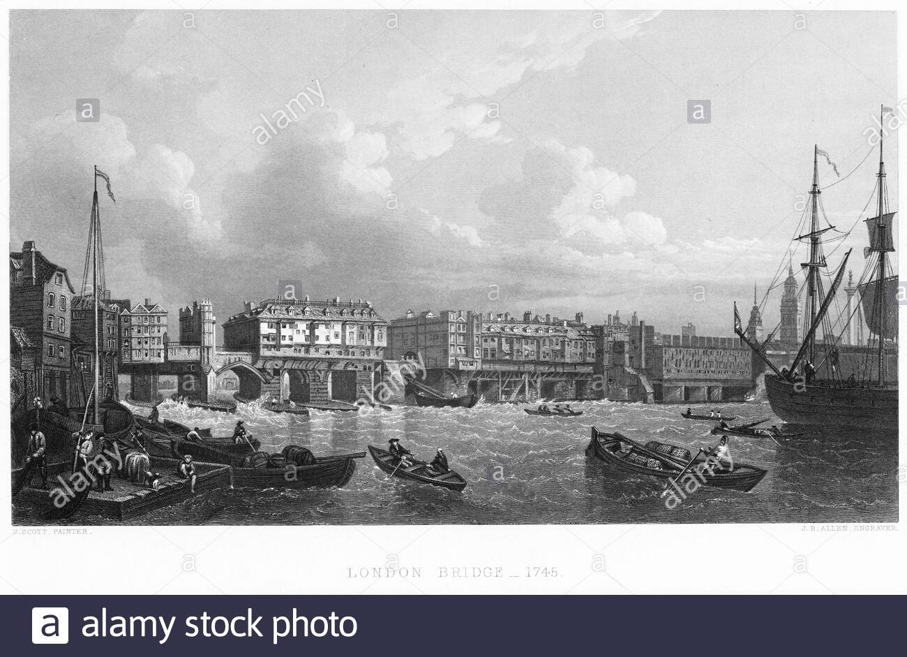 Old London Bridge, River Thames London England, gravure vintage de 1745 Banque D'Images