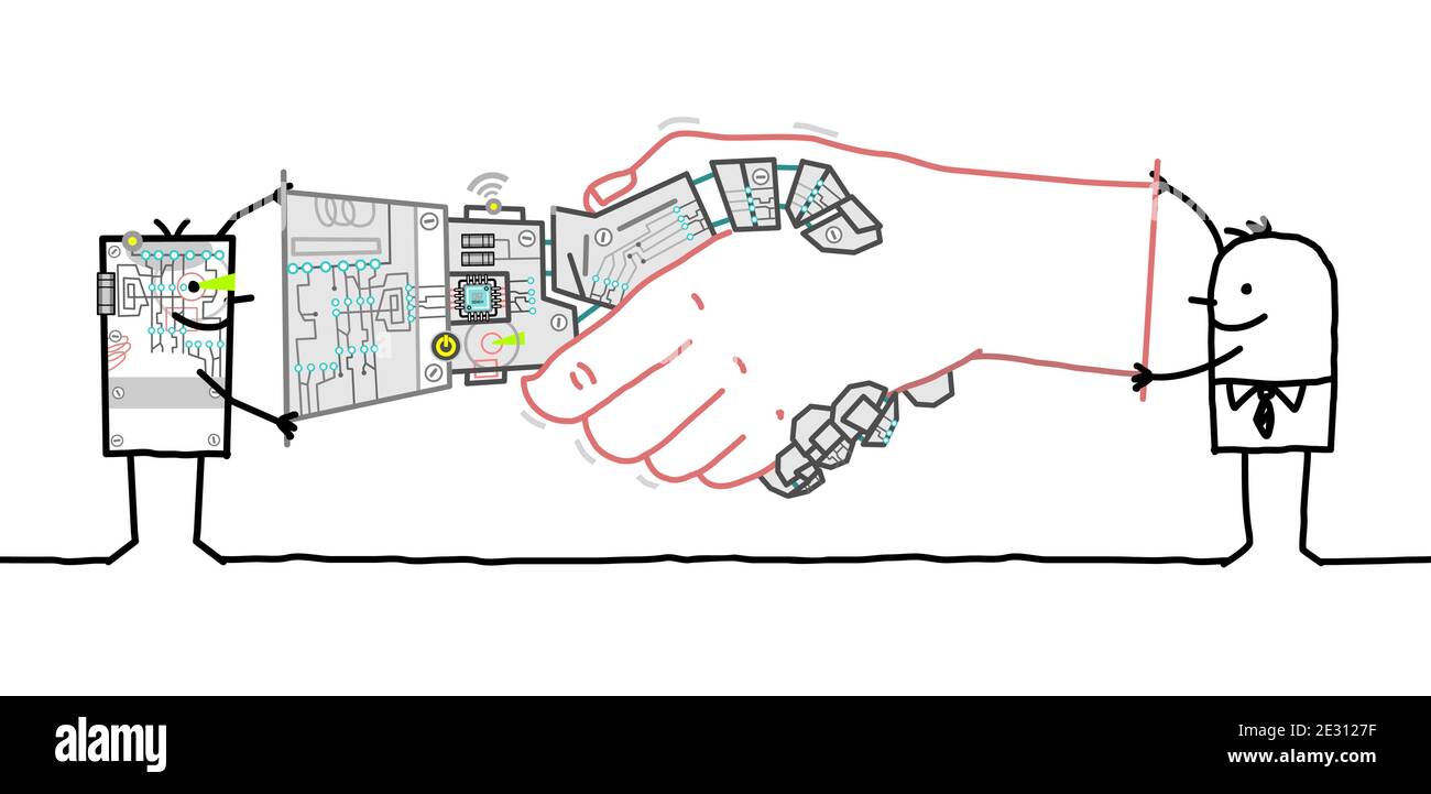 Un homme d'affaires et un robot dessiné à la main tenant un gros Poignée de main Illustration de Vecteur