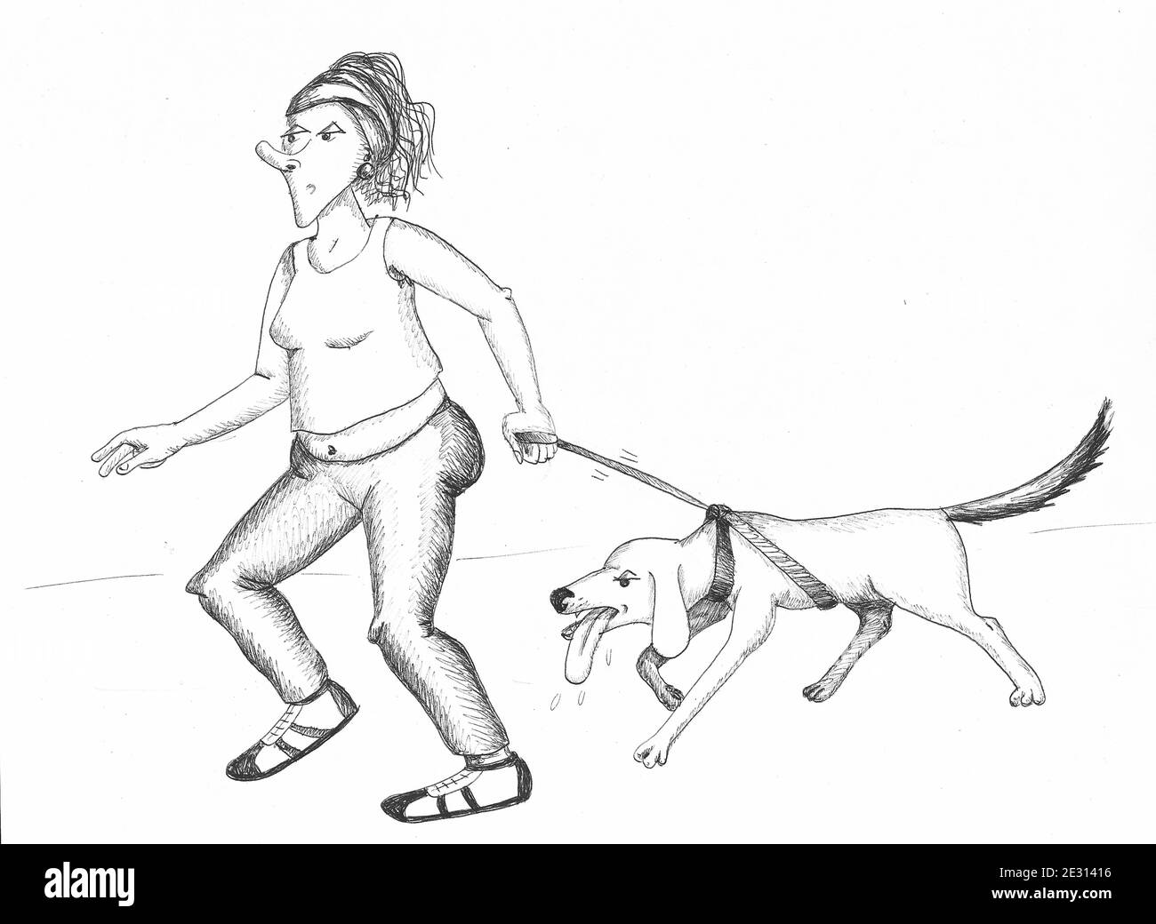 Femme qui court avec son chien fatigué. Illustration. Banque D'Images