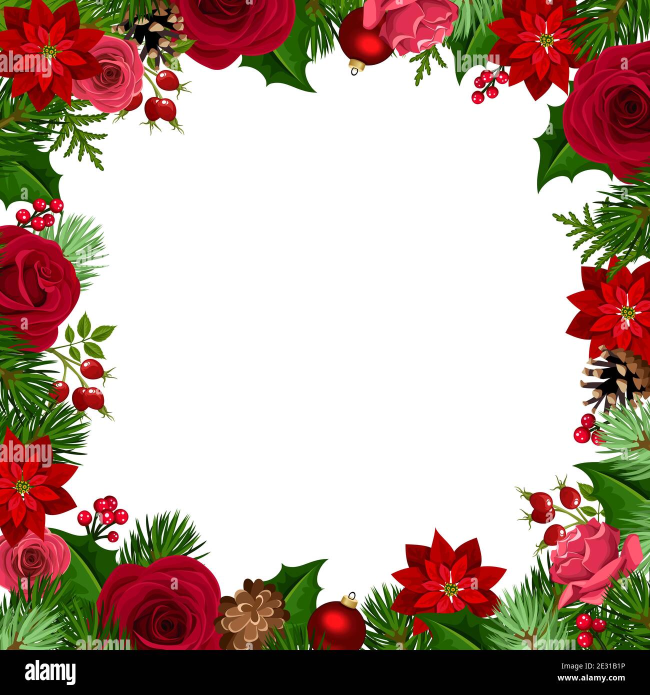Cadre de Noël vectoriel avec roses rouges et vertes, fleurs de poinsettia, balles, houx, cônes et branches de sapin. Illustration de Vecteur