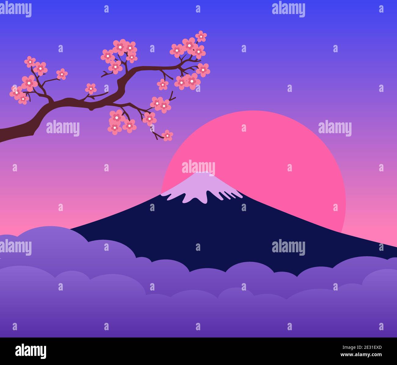 Mont Fuji Japon Sunset et Cherry Blossoms Branch. Paysage coloré. Symbole du Japon. Illustration de Vecteur