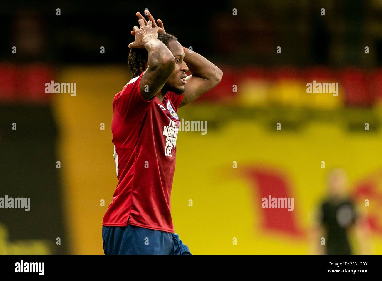 WATFORD, ANGLETERRE. JAN 16TH Rolando Aarons de Huddersfield réagit lors du match de championnat Sky Bet entre Watford et Huddersfield Town à Vicarage Road, Watford le samedi 16 janvier 2021. (Crédit : Juan Gasparini | MI News) Banque D'Images