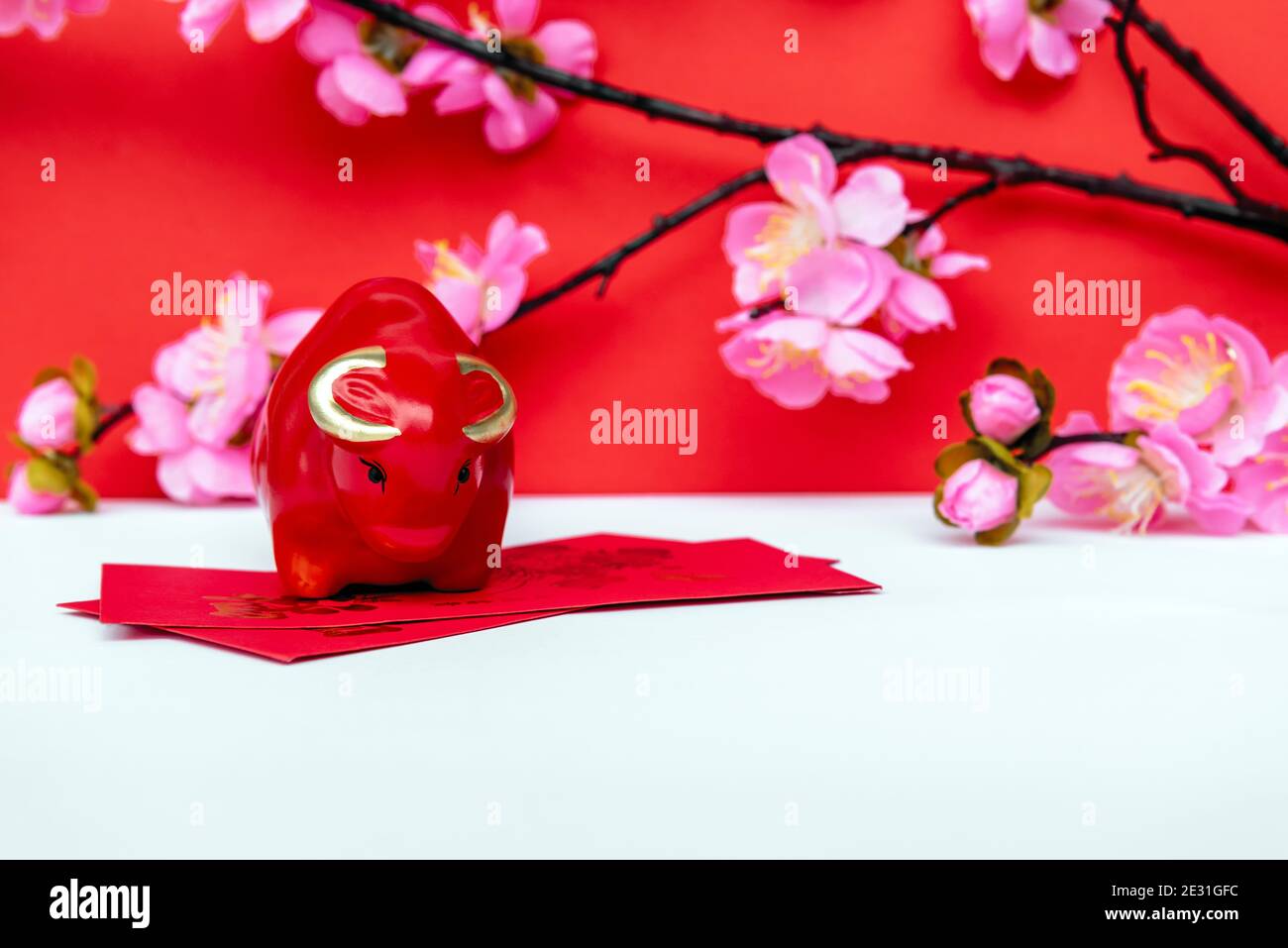 Red Ox Piggy Bank, Sakura Cherry Blossom et enveloppe rouge sur fond blanc et rouge Banque D'Images