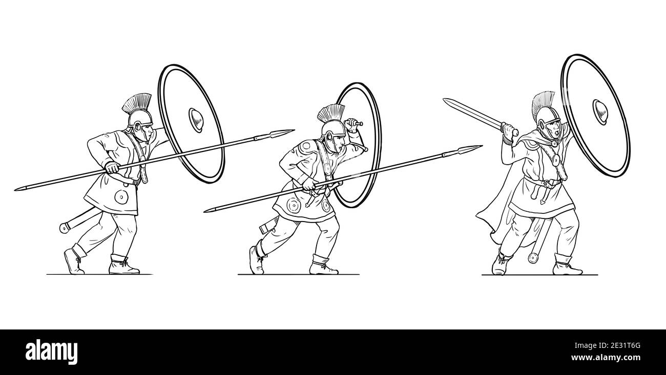 Soldats romains tardifs pendant la bataille. Attaque de l'armée romaine. Ensemble de 3 guerriers. Dessin de contour. Banque D'Images