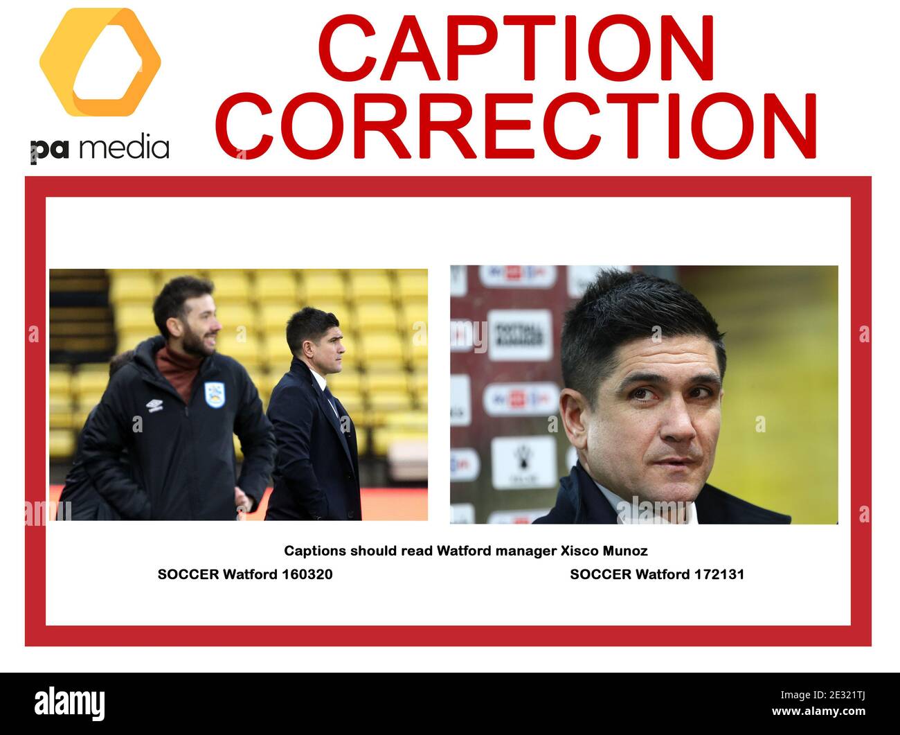 ATTENTION MONTEURS DE PHOTOS, CHEF SUBS ET BIBLIOTHÉCAIRES DE PHOTOS: Correction de légende: Légende à lire - le directeur de Watford Xisco Munoz pendant le match du championnat Sky Bet à Vicarage Road, Watford. Date de la photo: Samedi 16 janvier 2021. Banque D'Images