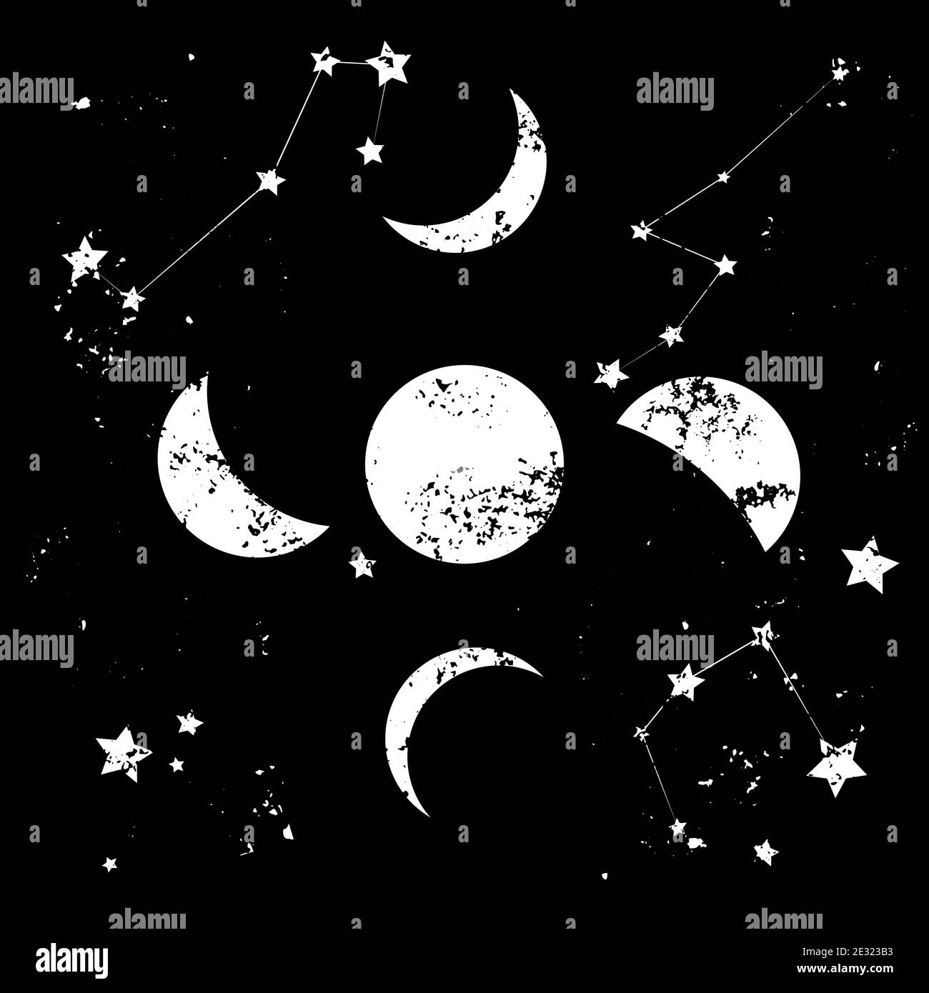 Phases de lune et constellation des étoiles. Ensemble d'objets cosmiques vintage dessinés à la main sur fond sombre. Imprimé texturé rétro Universe objects. Illustration de Vecteur