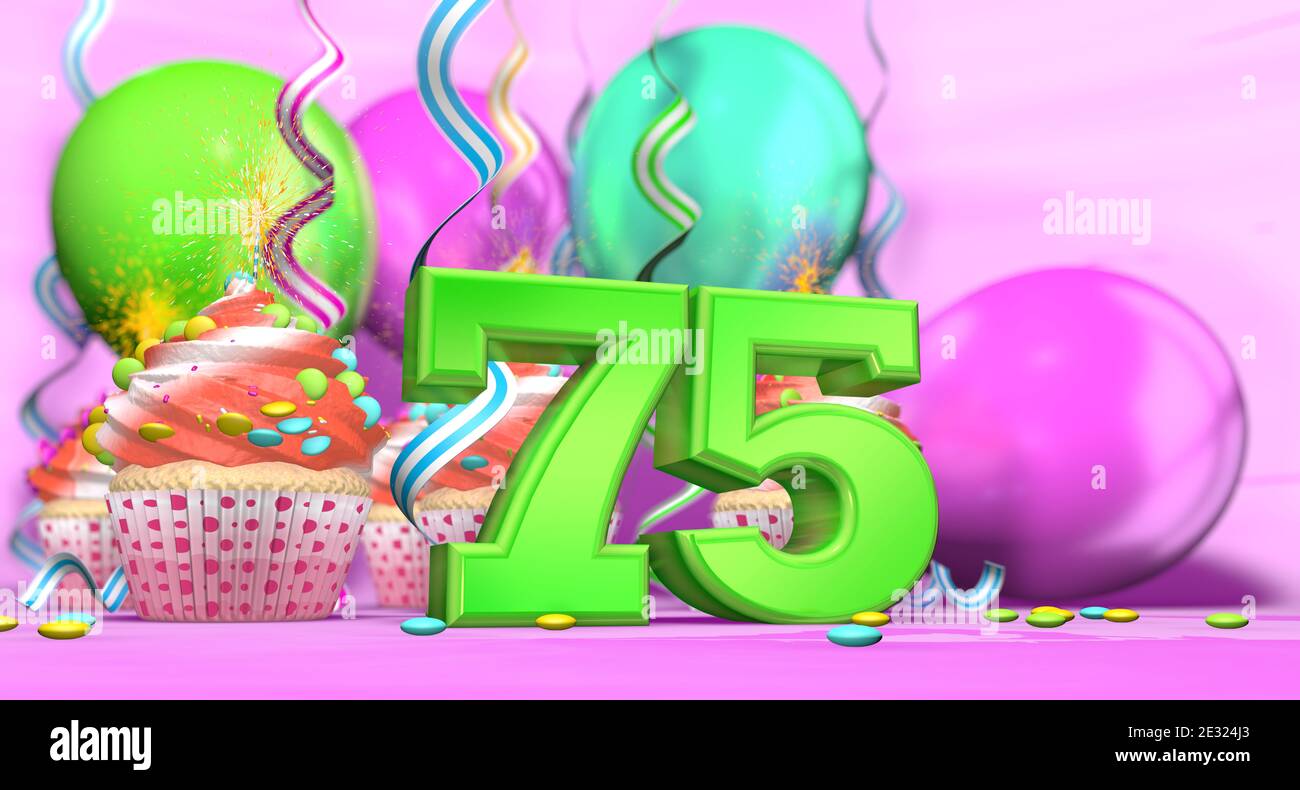 Gâteau d'anniversaire avec bougie parfumée avec le numéro 75 grand en vert avec des petits gâteaux à la crème rouge et au chocolat jetons et ballons sur th Banque D'Images