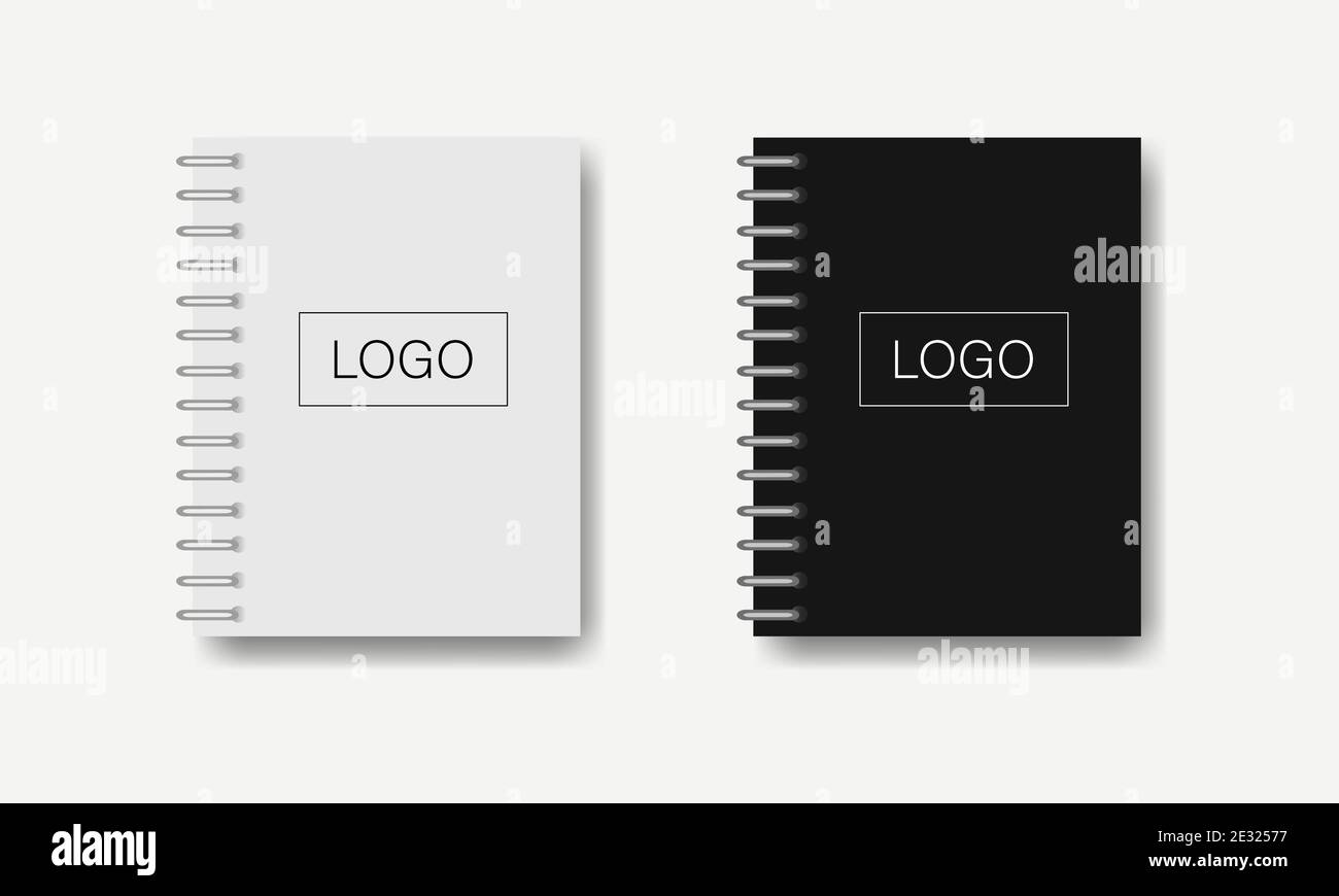 Bloc-notes en papier avec des feuilles blanches et noires. Matériel de bureau. Cahier en spirale réaliste avec ombre et espace pour logo. Vide ouvert blanc sur l'arrière-plan. Illustration de Vecteur