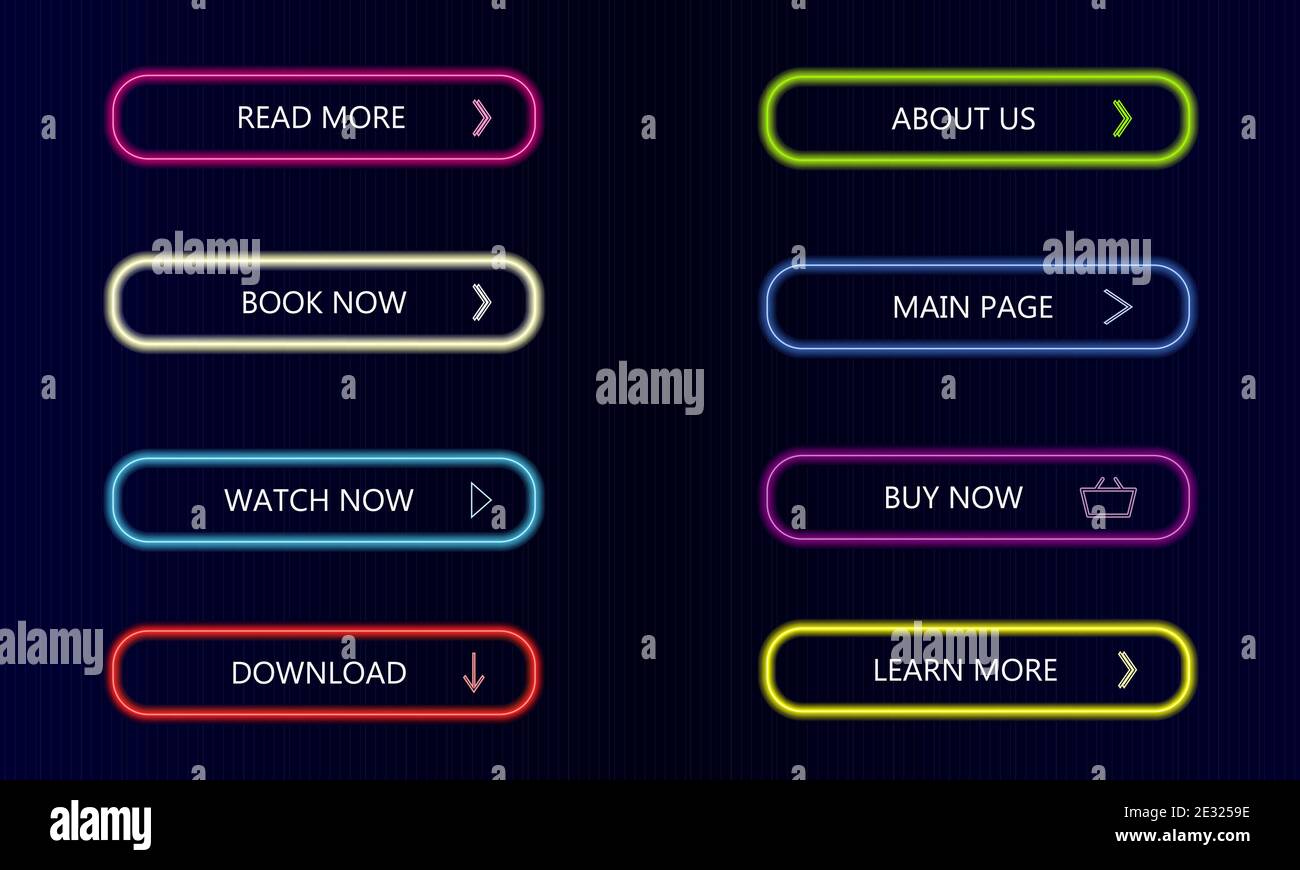 Boutons modernes au néon sur fond noir traditionnel. Achetez maintenant, regardez maintenant, en savoir plus, téléchargez et lisez plus dans NEON. Illustration vectorielle Illustration de Vecteur