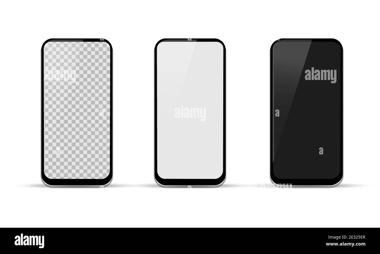 Modèles de smartphone avec écran blanc, noir et transparent. Modèle de périphérique réaliste. Conception de gadgets. Illustration vectorielle isolée. Illustration de Vecteur
