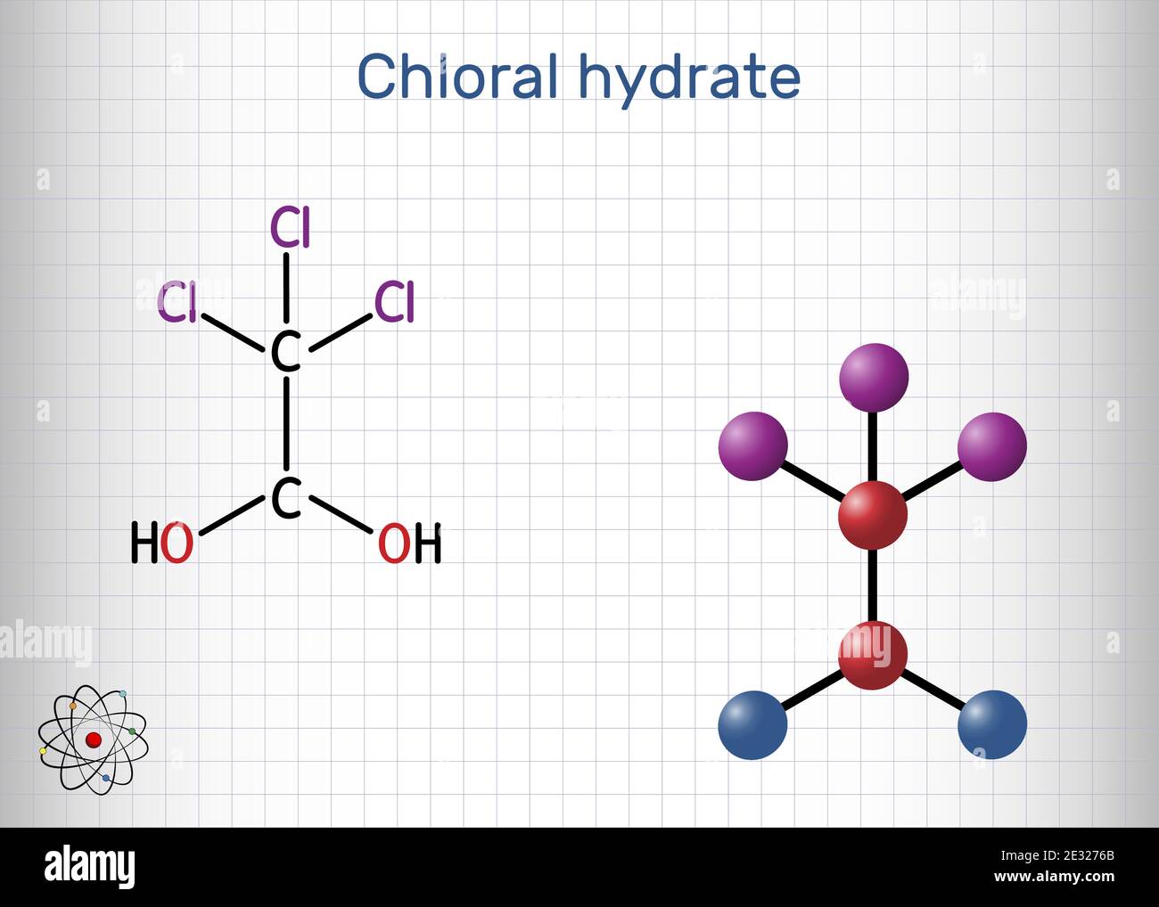 Hydrate de chloral. Diol géminal, molécule anesthésique. Monohydrate synthétique de choral, hypnotique et sédatif, anticonvulsif. Structure Illustration de Vecteur