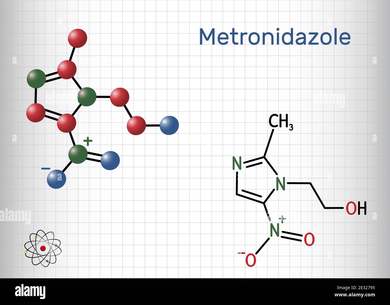 Métronidazole, molécule antiprotozoaire. Il s'agit d'un antibiotique appartenant à la classe des antibiotiques nitroimidazole. Formule chimique structurelle Illustration de Vecteur