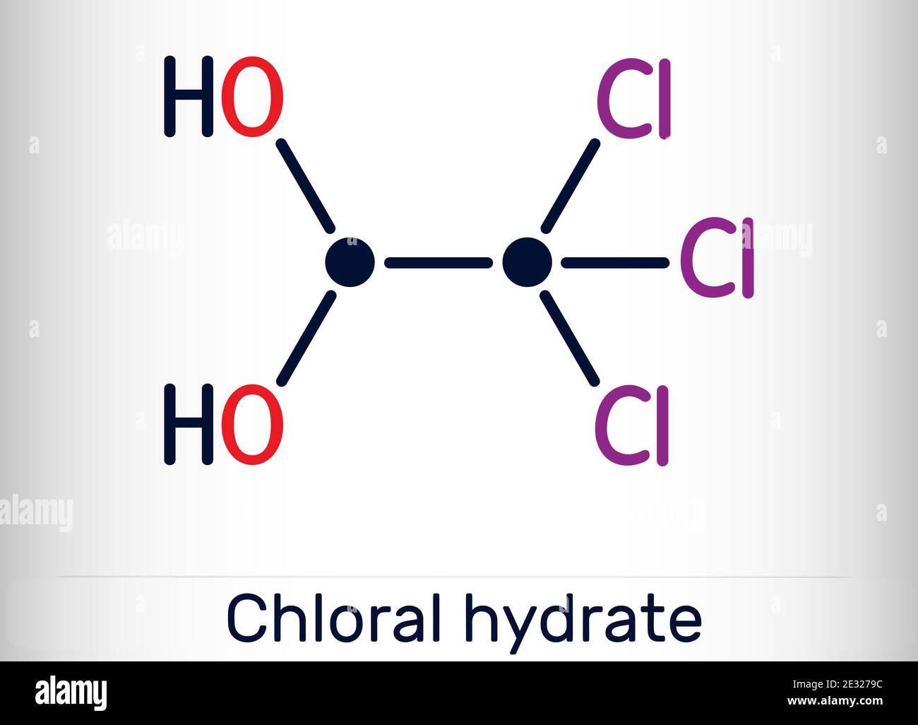 Hydrate de chloral. Diol géminal, molécule anesthésique. Monohydrate synthétique de choral, hypnotique et sédatif, anticonvulsif. Produit chimique squelettique Illustration de Vecteur