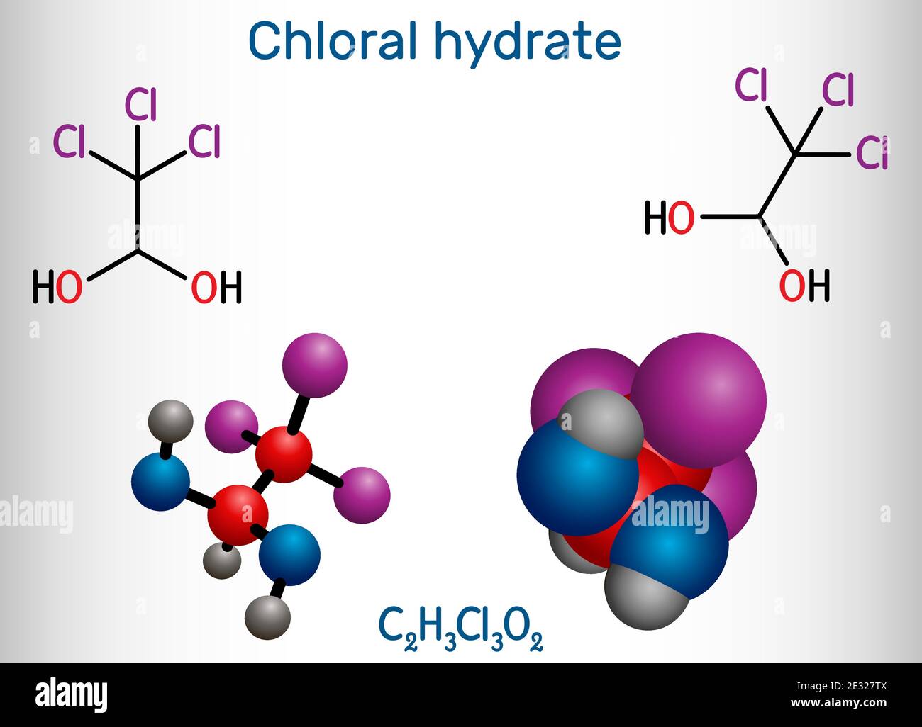 Hydrate de chloral. Diol géminal, molécule anesthésique. Monohydrate synthétique de choral, hypnotique et sédatif, anticonvulsif. Structure Illustration de Vecteur
