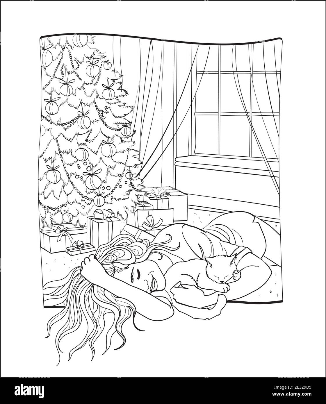 Style de dessin animé. Femme mignonne sous l'arbre de Noël. Élément de conception unique. Clipart. Illustration de Vecteur