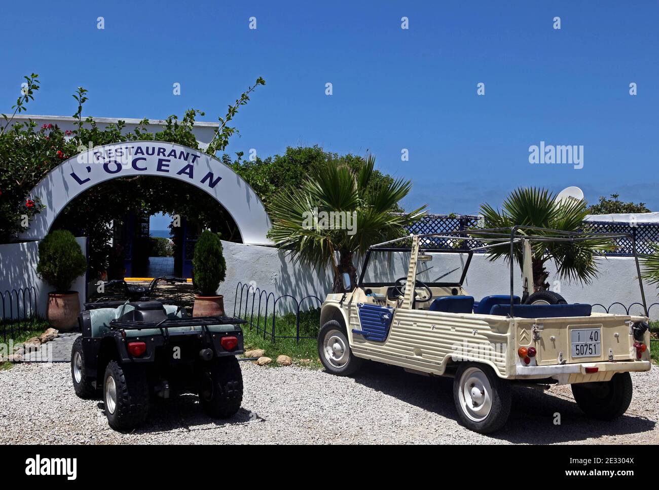 Le restaurant Ocean en face de la plage Sidi Kacem, Tanger, Maroc, juillet 2010. Photo de Stephane Lemouton/ABACAPRESS.COM Banque D'Images
