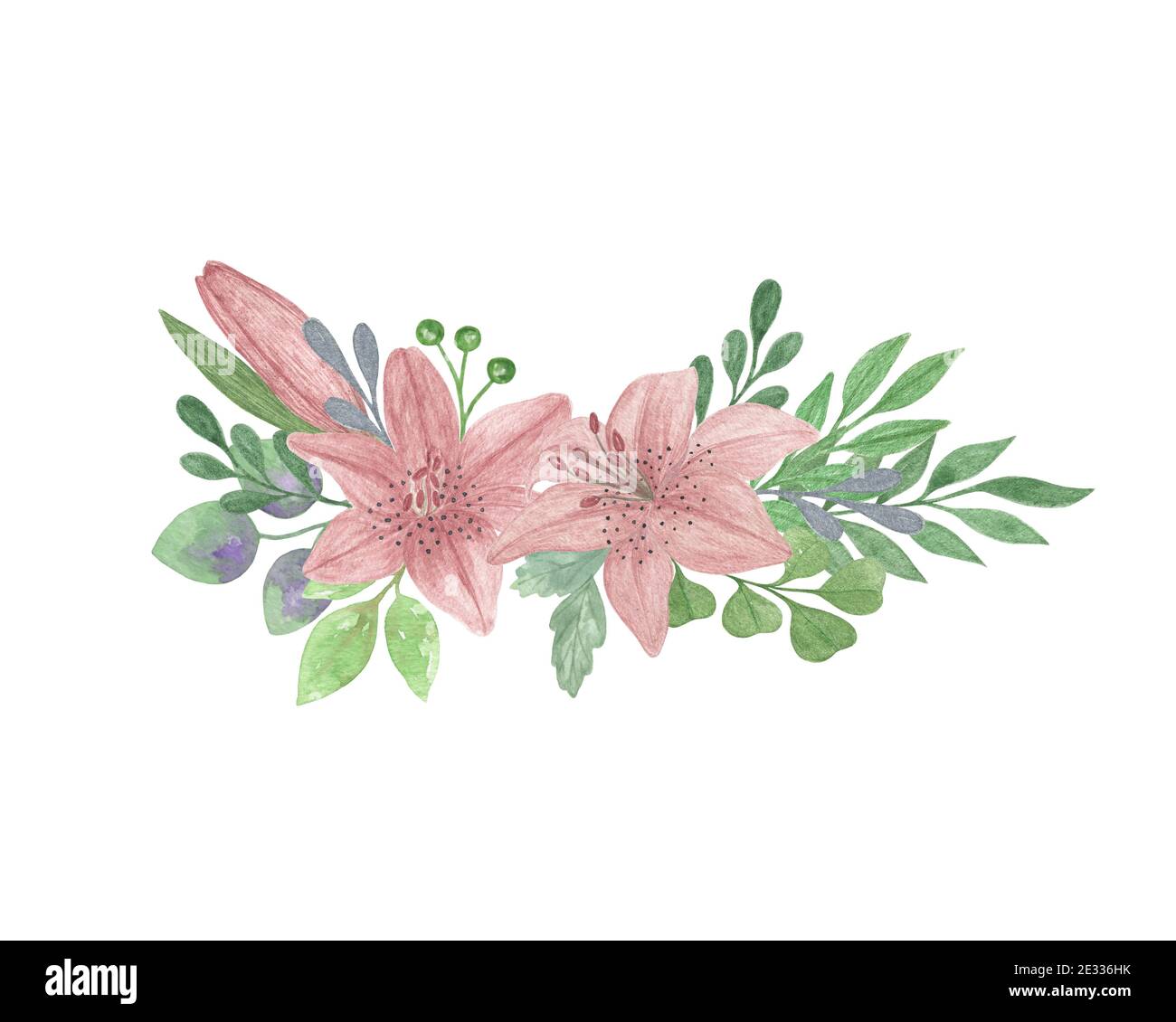 Rose lys fleur vert feuille décorative arrangement floral dessiné à la main style vintage aquarelle illustration parfaite pour carte de voeux, bannière, mariage Banque D'Images