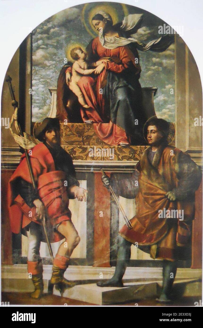 Madonna col Bambino con i santi Rocco e Sebastiano. Banque D'Images