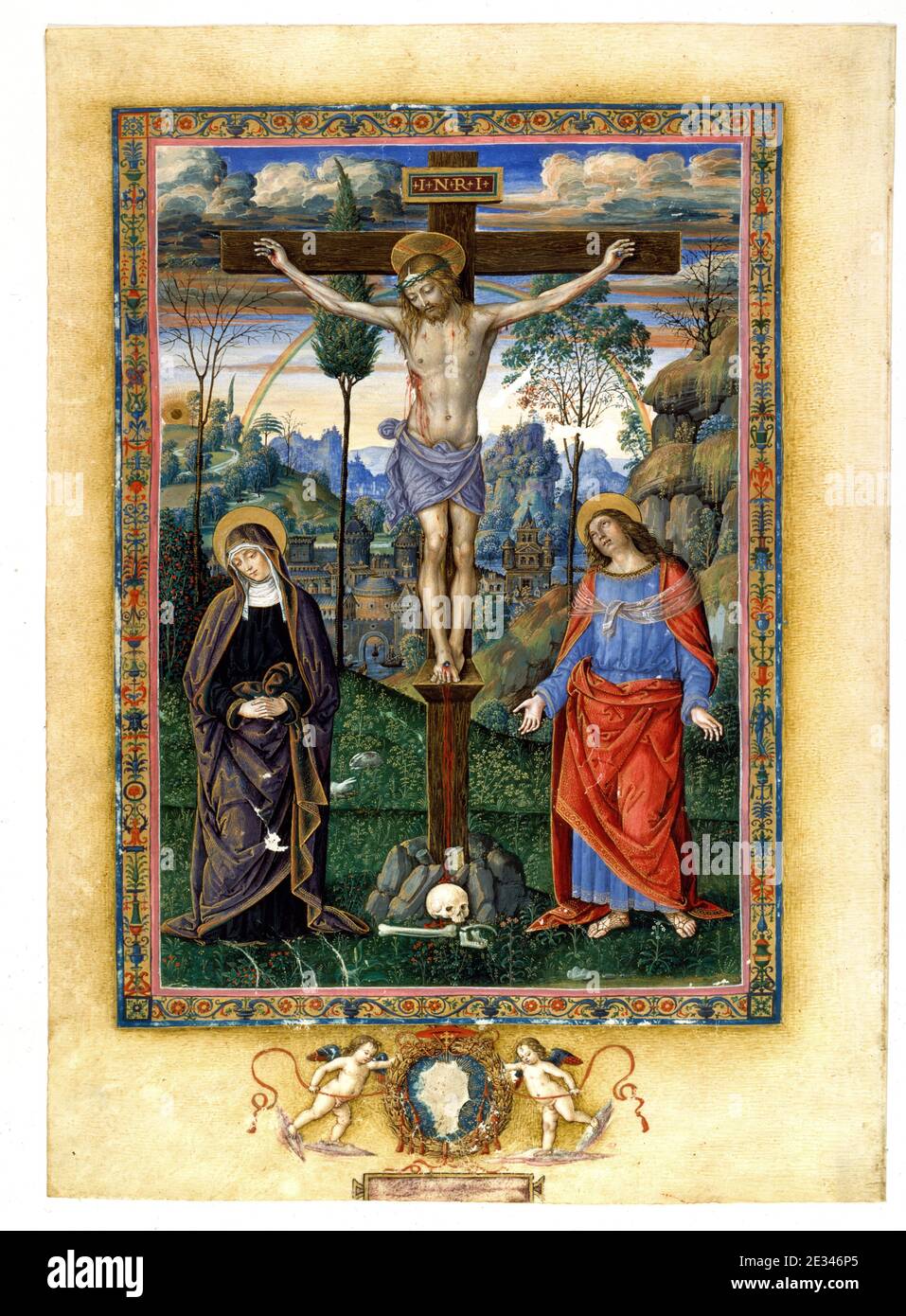 - Pintoricchio, Crucifixion, vers 1456. La bibliothèque apostolique du Vatican rouvre après 3 ans de restauration , Cité du Vatican le 13 septembre 2010. La Bibliothèque apostolique du Vatican rouvre ses portes aux chercheurs après une rénovation de 9 millions d'euros sur trois ans pour installer des salles climatisées pour ses précieux manuscrits et des mesures de sécurité de pointe pour prévenir le vol et la perte.la bibliothèque, lancée par le Pape Nicholas V dans les années 1450, abrite l'une des meilleures collections de manuscrits éclairés au monde. Photo par Eric Vandeville/ABACAPRESS.COM Banque D'Images