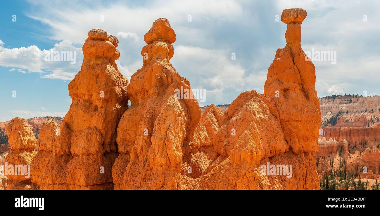 Panorama des formations rocheuses de grès de hoodoo avec le marteau de Thor, parc national de Bryce Canyon, Utah, États-Unis d'Amérique. Banque D'Images