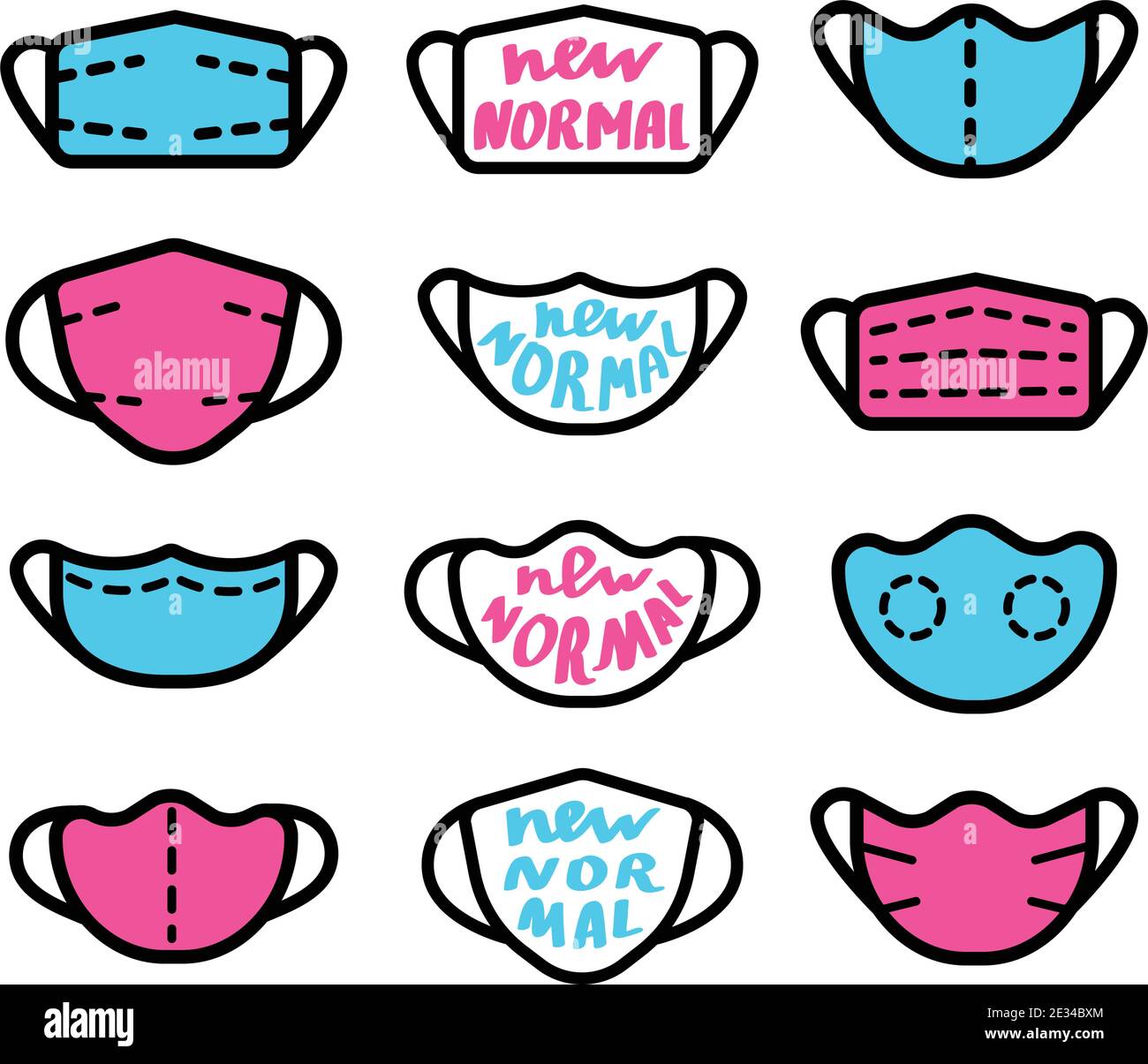 Masque médical icônes simples ensemble. Avec texte manuscrit - nouveau normal. Illustration vectorielle isolée sur blanc. Illustration de Vecteur
