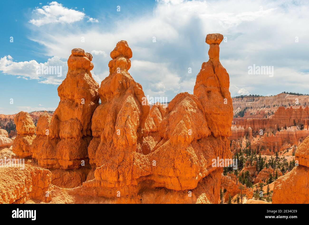 Formations rocheuses de grès Hoodoo avec marteau Thor, parc national de Bryce Canyon, Utah, États-Unis d'Amérique. Banque D'Images