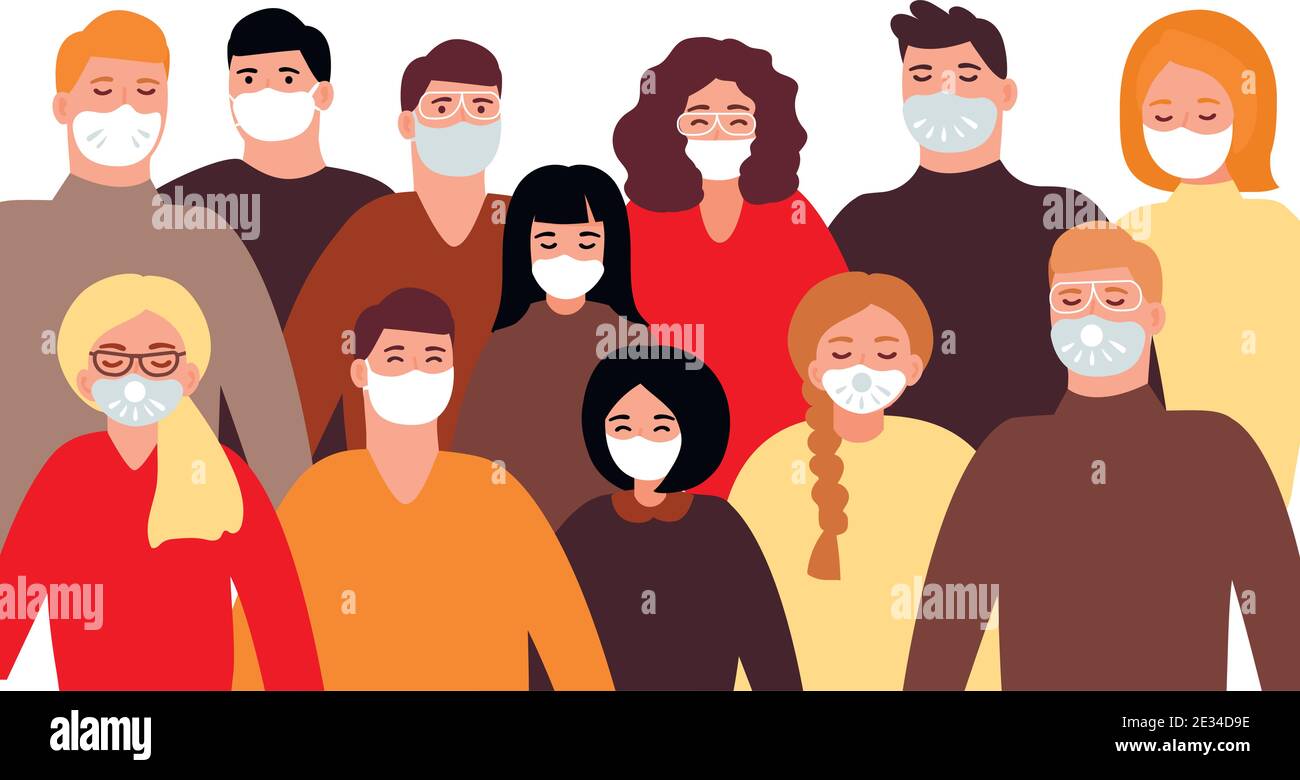 Collection de personnes dans les masques de protection du visage et les lunettes de protection. Ensemble d'hommes et de femmes qui portent une protection contre la pollution de l'air urbain, le smog, les vapeurs, les sondages Illustration de Vecteur