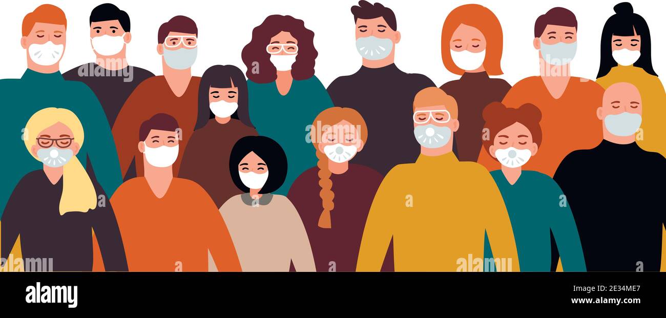 Collection de personnes dans les masques de protection du visage et les lunettes de protection. Ensemble d'hommes et de femmes qui portent une protection contre la pollution de l'air urbain, le smog, les vapeurs, les sondages Illustration de Vecteur