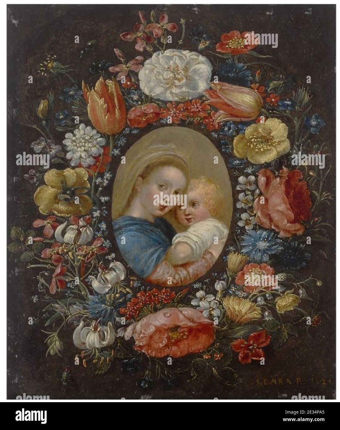 MADONNA ET L'ENFANT DANS UNE COURONNE FLORALE . Banque D'Images