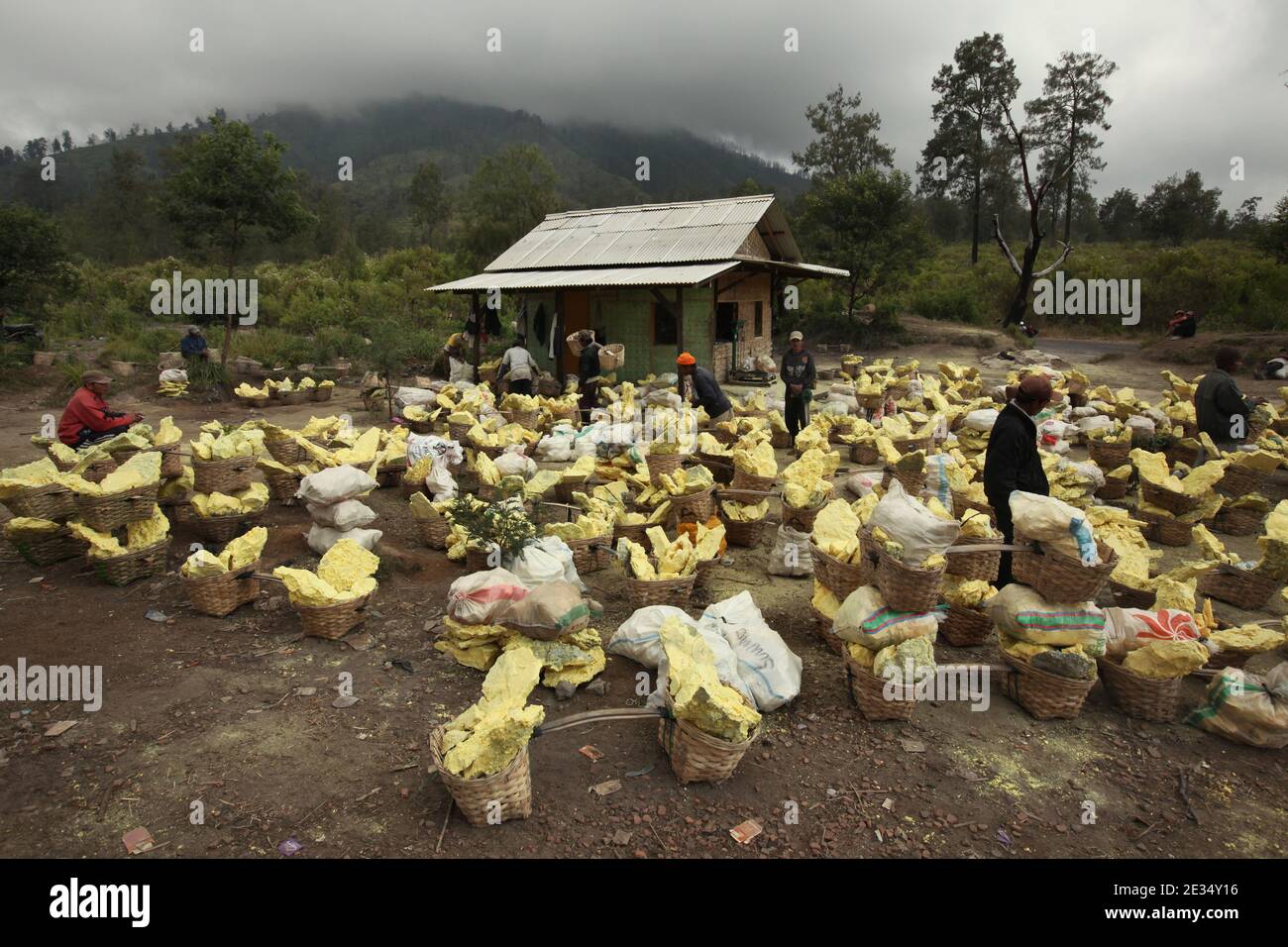 Paniers de soufre livrés au point de collecte de Pos Paltuding situé à trois kilomètres des mines de soufre dans le cratère du volcan actif de Kawah Ijen à l'est de Java, en Indonésie. Chaque matin, deux centaines de mineurs descendent jusqu'au fond du cratère pour la prochaine charge de soufre. Ils remplissent leurs paniers avec du soufre manuellement et portent ensuite cette lourde charge sur les pieds. Chaque mineur gagne environ 10 dollars US par jour pour ce travail extrêmement dur dans les nuages de dioxyde de soufre toxique volcanique. Banque D'Images