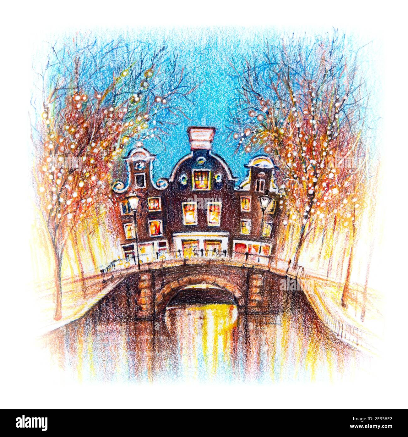 Croquis au crayon de couleur des maisons de Noël d'Amsterdam, pont et canal, Hollande, pays-Bas Banque D'Images