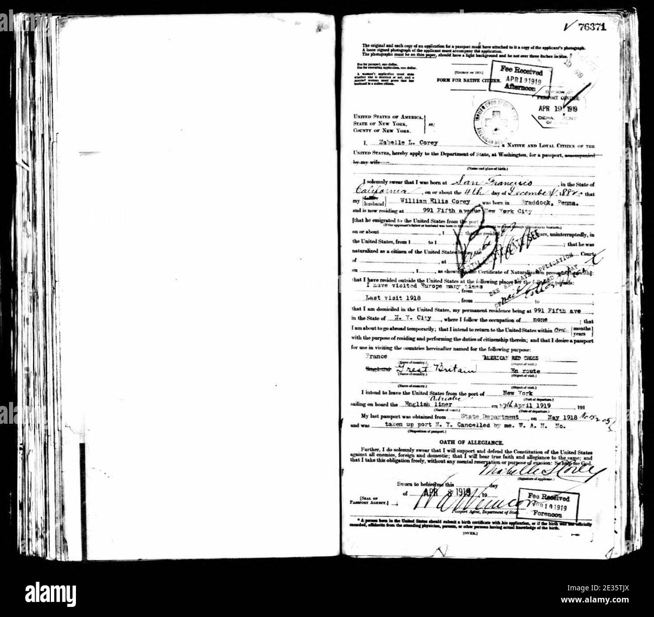 Mabelle Gilman Corey 1919 demande de passeport. Banque D'Images