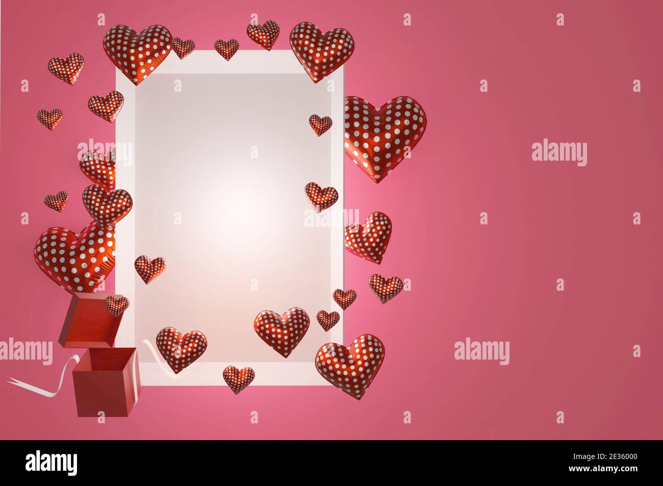 Image 3D , cadre blanc de boîte cadeau et coeurs sur fond rouge . Concept Saint Valentin, mariage Banque D'Images