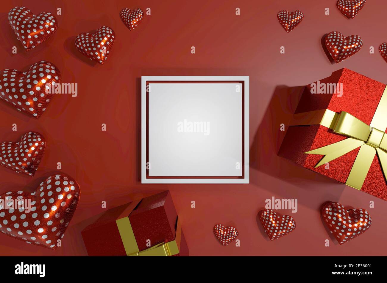Image 3D , cadre blanc de boîte cadeau et coeurs sur fond rouge . Concept Saint Valentin, mariage Banque D'Images