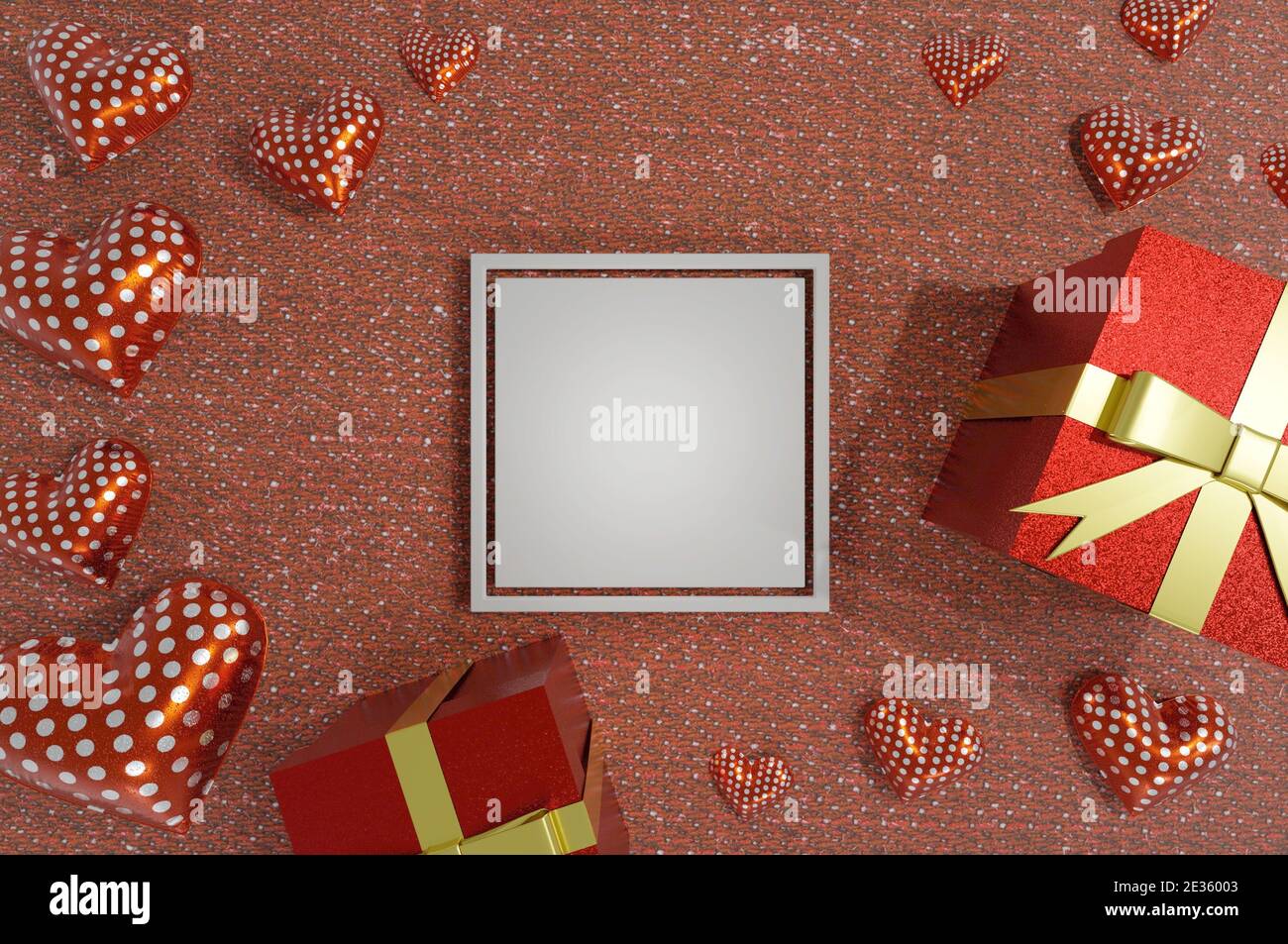 Image 3D , cadre blanc de boîte cadeau et coeurs sur fond de tissu rouge . Concept Saint Valentin, mariage Banque D'Images