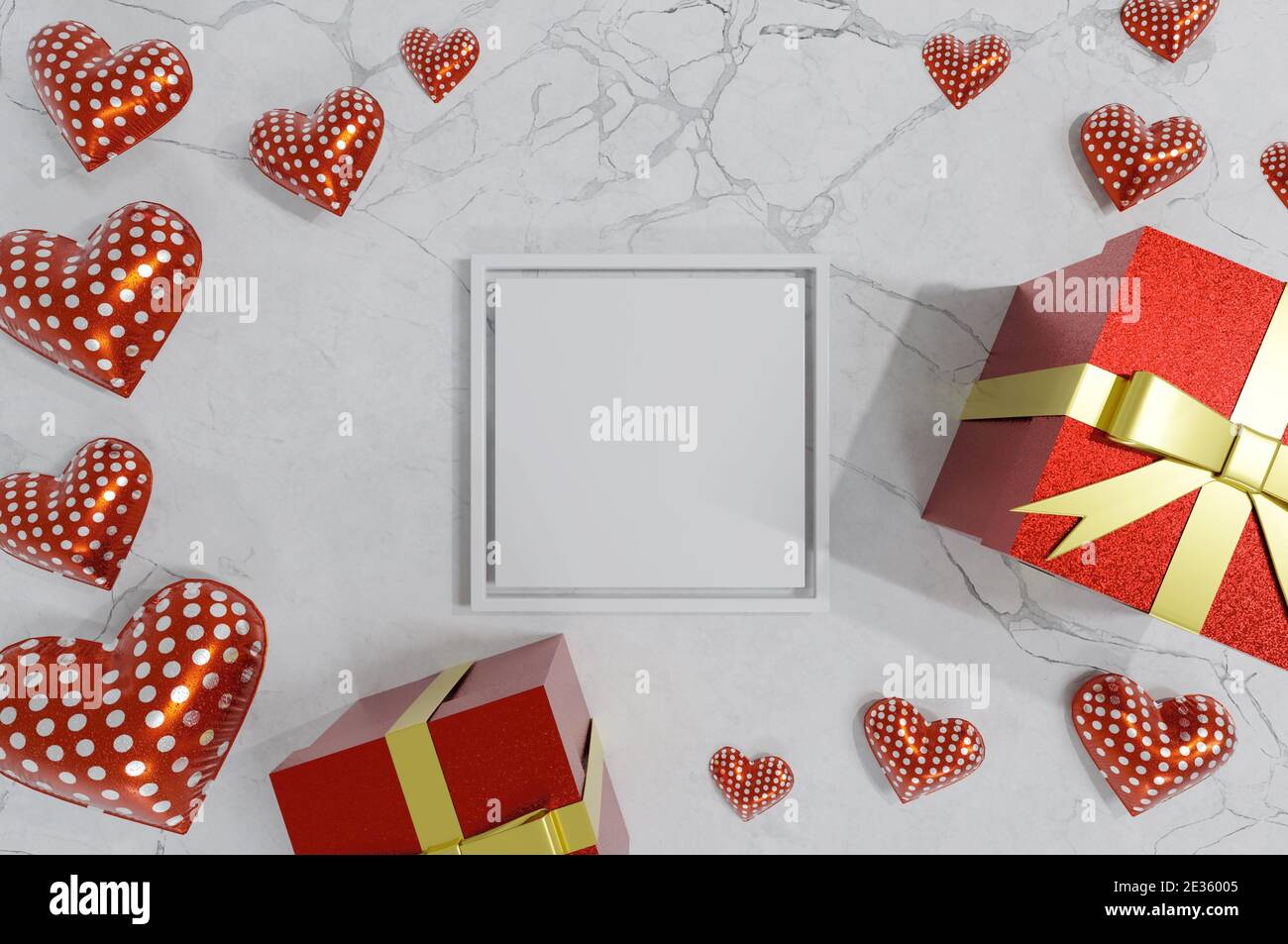 Image 3D , cadre blanc de boîte cadeau et coeurs sur fond de marbre . Concept Saint Valentin, mariage Banque D'Images