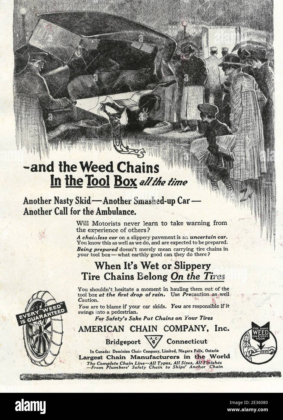 Publicité pour Weed chains, tire chains - American Chain Company, vers 1919 Banque D'Images