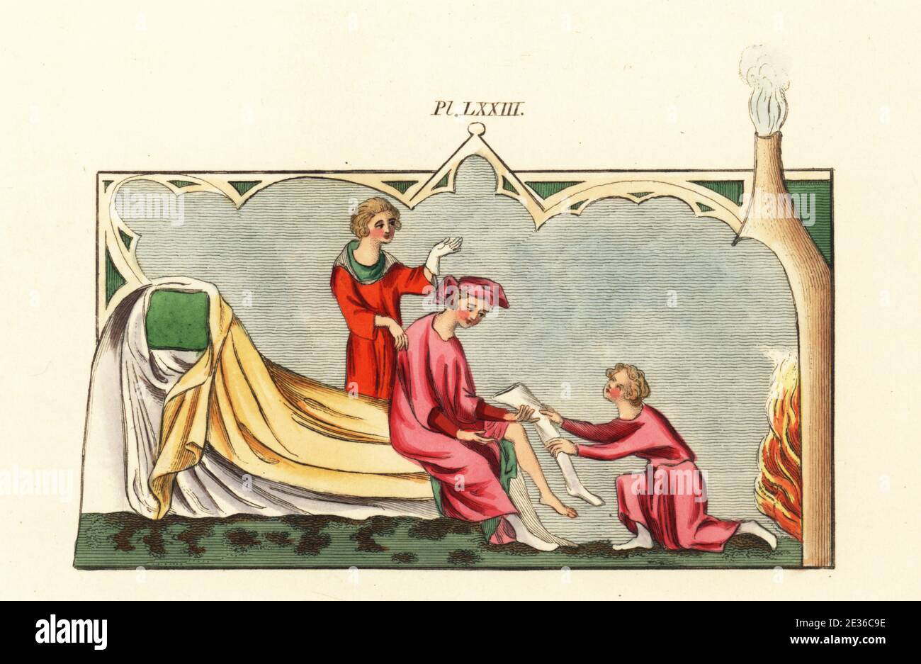 Gentleman s'habille dans sa chambre, XIVe siècle. Un serviteur aidant un  homme s'habille lui-même, offrant un bas de Noël, tandis qu'un autre essaie  un gant. L'homme est assis sur un lit dans