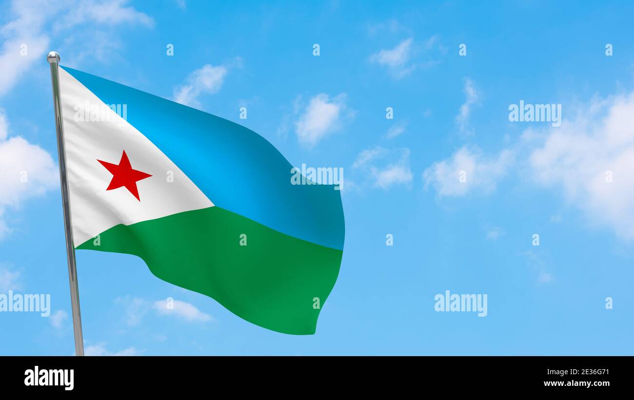 Drapeau de Djibouti sur la perche. Ciel bleu. Drapeau national de Djibouti Banque D'Images