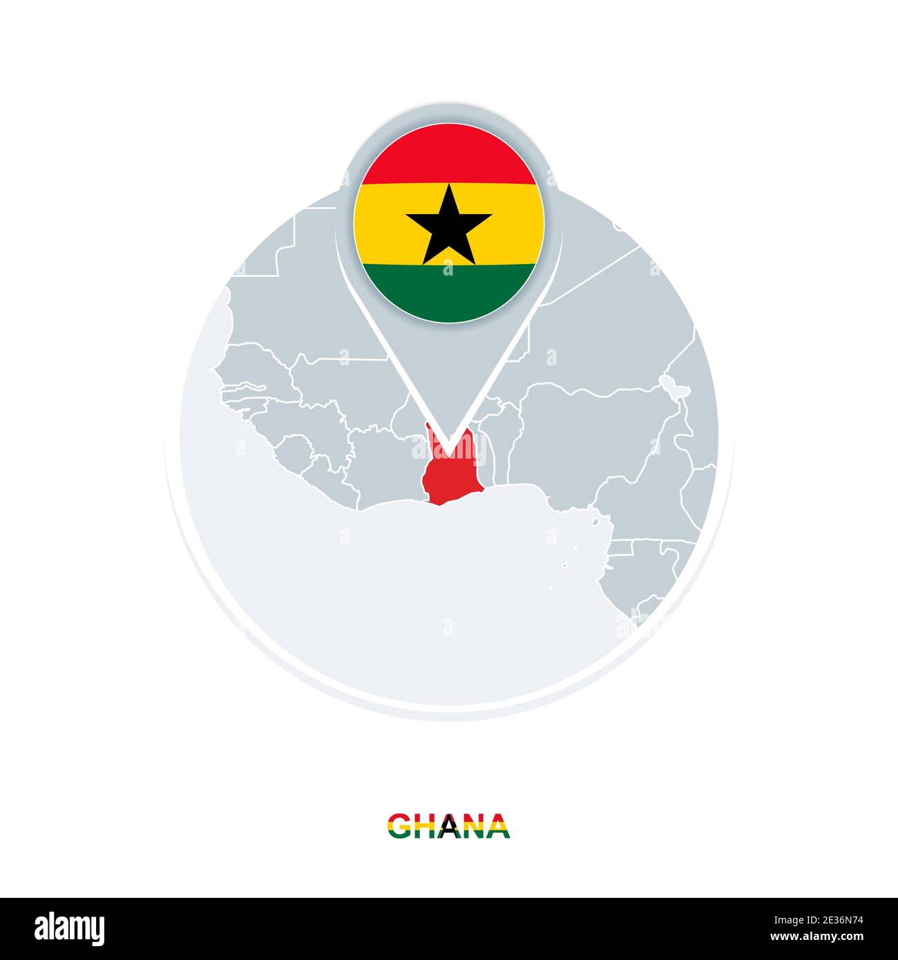 Carte et drapeau du Ghana, icône de carte vectorielle avec Ghana en surbrillance Illustration de Vecteur