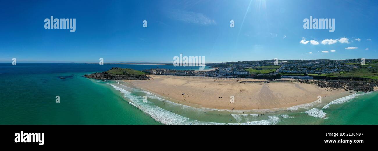 Image aérienne de Porthmeor Beach St Ives, cornouailles Banque D'Images