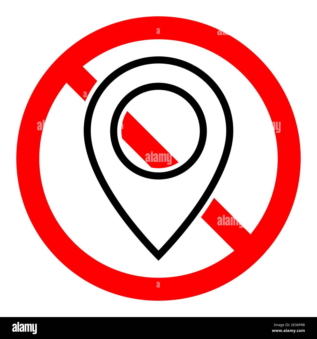 Aucune icône GPS. Icône d'interdiction du pointeur de carte. L'attribution est interdite. Stop ou bannissement du panneau rond rouge avec l'icône PIN GPS. Illustration vectorielle. Illustration de Vecteur