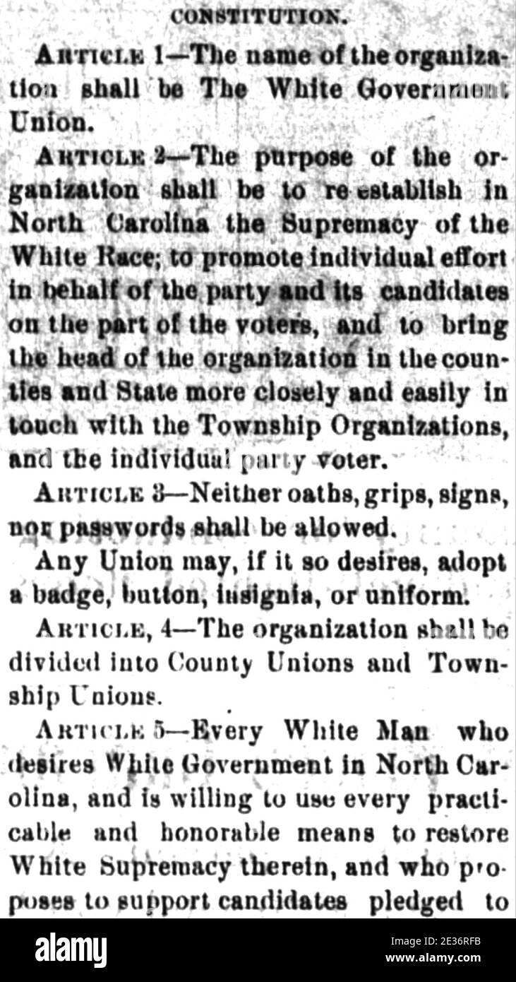 MASSACRE DE WILMINGTON Caroline du Nord 10 novembre 1898. La Constitution de l'Union du gouvernement blanc, publiée dans le Wilmington Morning Star, 27 août 1898. Banque D'Images