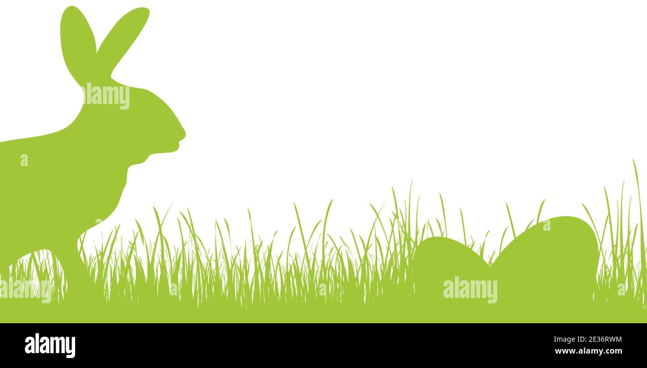 illustration du panorama vectoriel pour le temps de pâques, fond heureux avec silhouette verte d'un lapin avec des oeufs, herbe, fleurs. Toile de fond du printemps pour Illustration de Vecteur