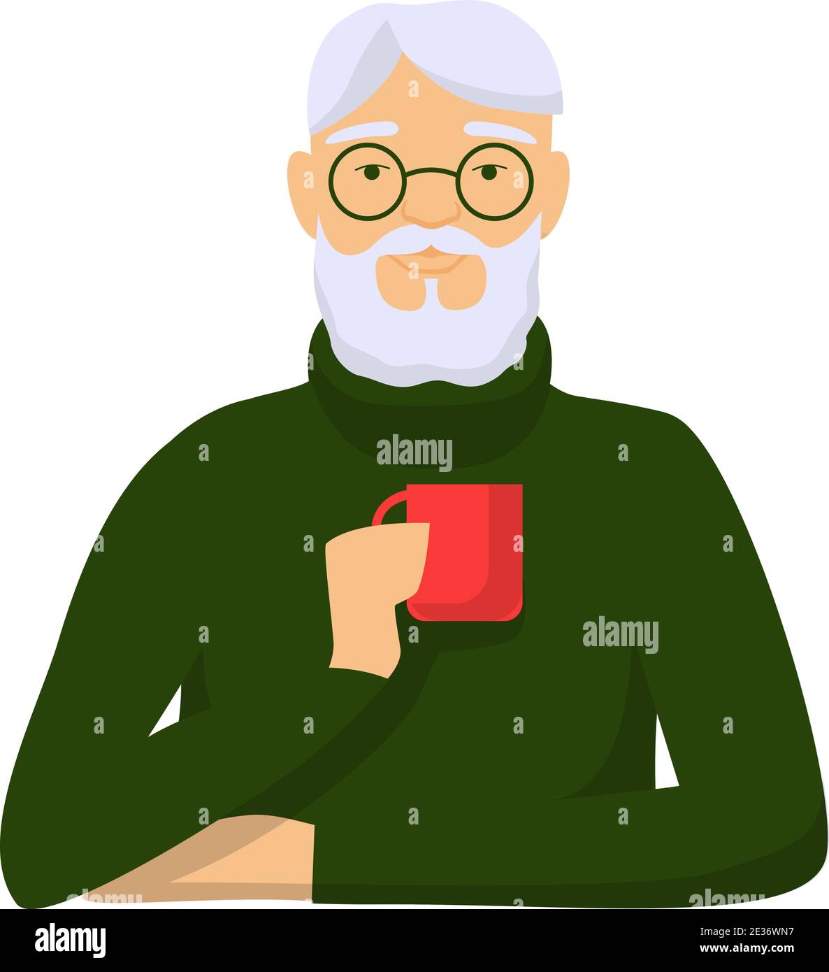 L'homme âgé boit du café. Chandail vert à cheveux gris à motif masculin avec une tasse rouge à la main. Illustration de Vecteur