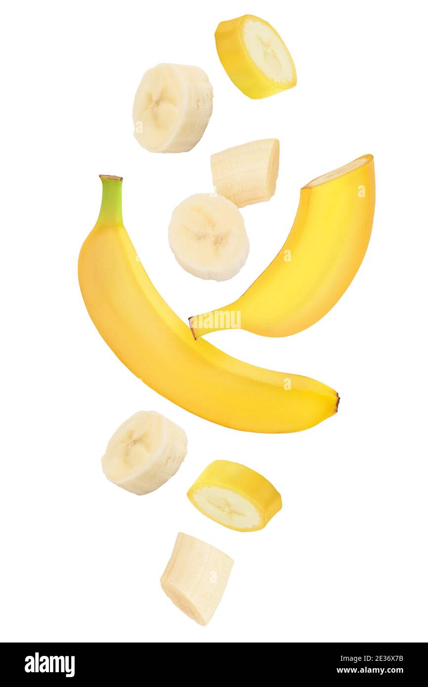 banane isolée sur fond blanc avec un masque et une profondeur de champ totale. Vue de dessus. Pose à plat. Banque D'Images