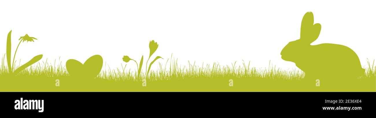 illustration du panorama vectoriel pour le temps de pâques, fond heureux avec silhouette verte d'un lapin avec des oeufs, herbe, fleurs. Toile de fond du printemps pour Illustration de Vecteur