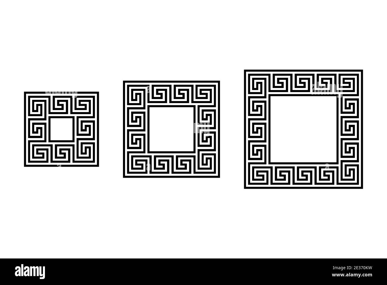 Trois petits cadres carrés avec un motif de méandre sans couture. Meandros, une bordure décorative, construite à partir de lignes continues, en forme de motif répété. Banque D'Images