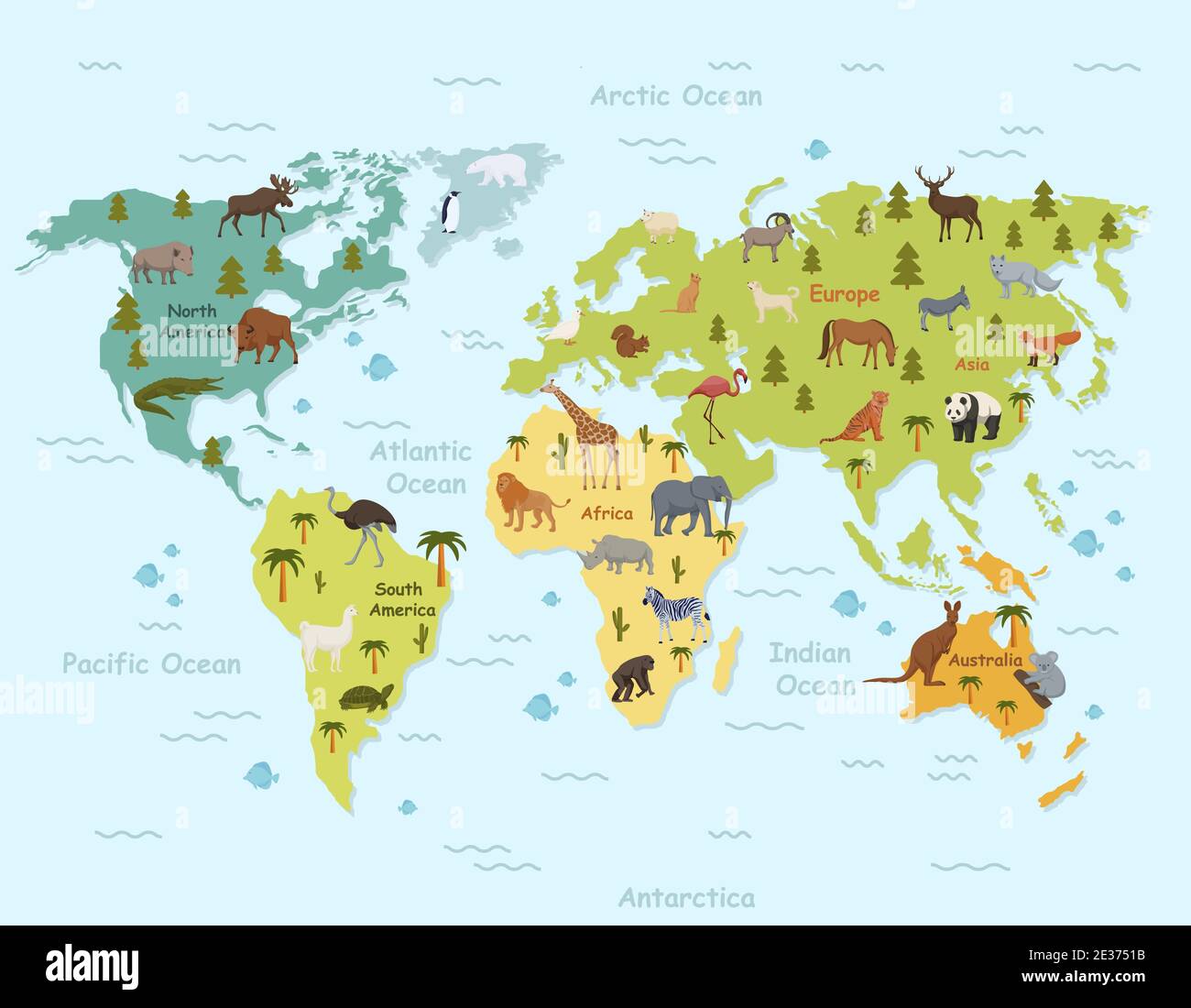 Animaux De L Habitat Sur La Clipart De La Carte Du Monde Continents Topographiques Verts Avec Mammiferes Marins Et Tropicaux Du Nord Image Vectorielle Stock Alamy