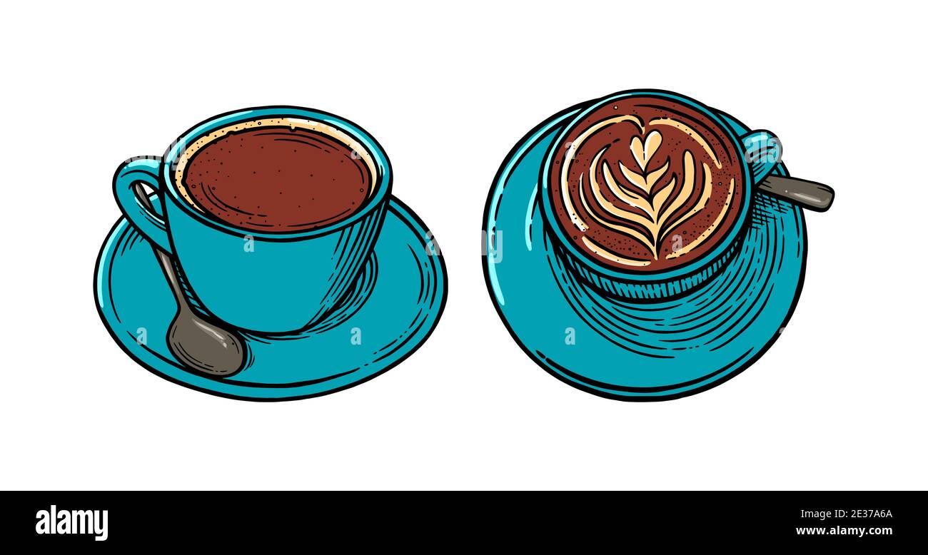 Tasses à café avec cappuccino. Dessin de couleur gravée de tasses à café.  Illustration vectorielle Image Vectorielle Stock - Alamy
